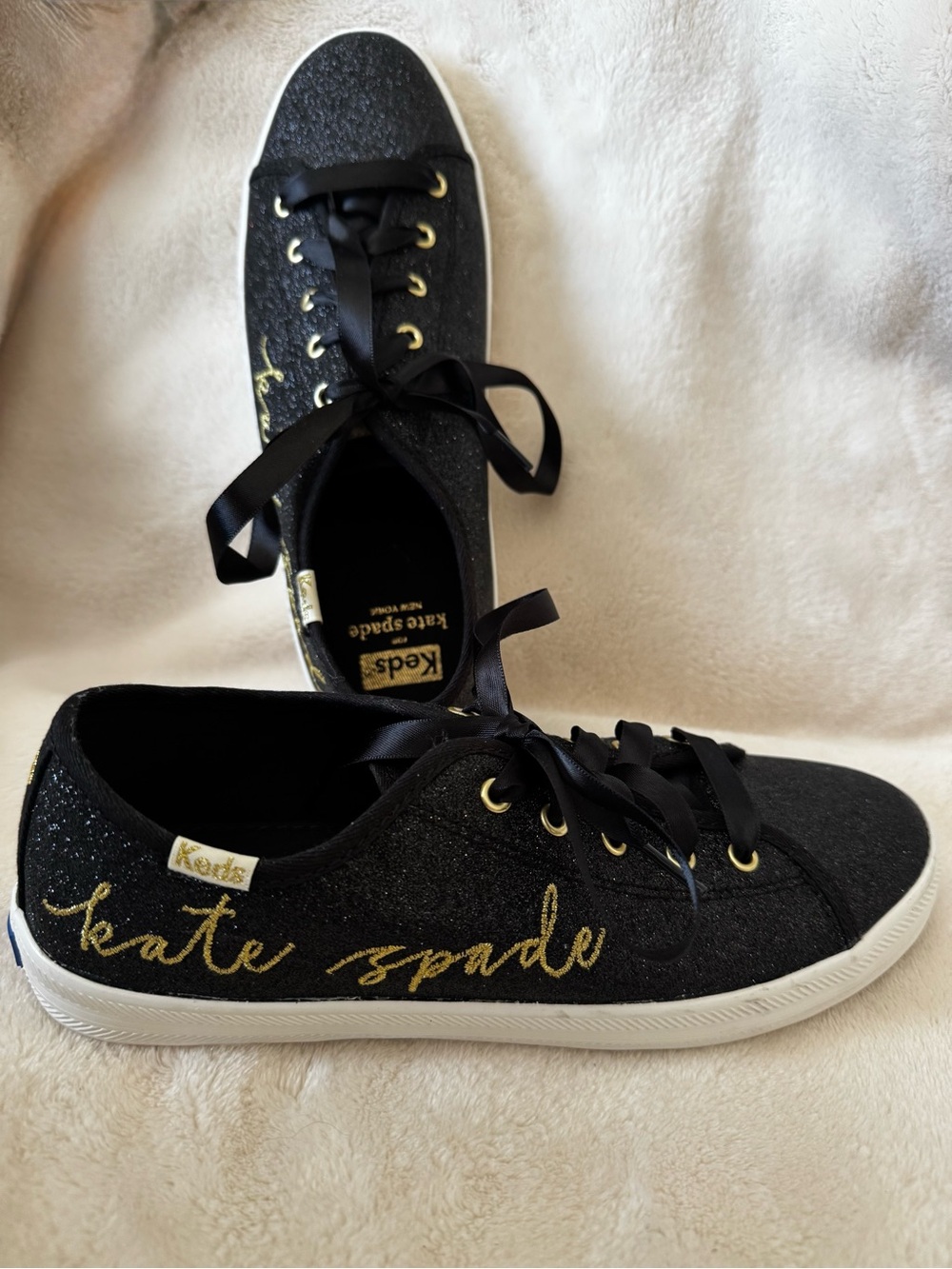 kate spade Keds Black Glitter Sneakers with Gold Script NWOT size 4M Big Girl